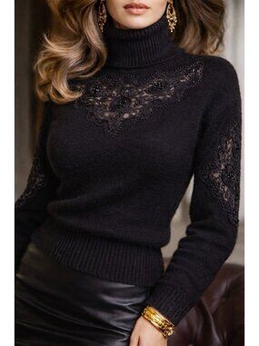 Vintage 90s IB Diffusion Womens Sweater Sz Small Black Angora Silk Beaded Lace